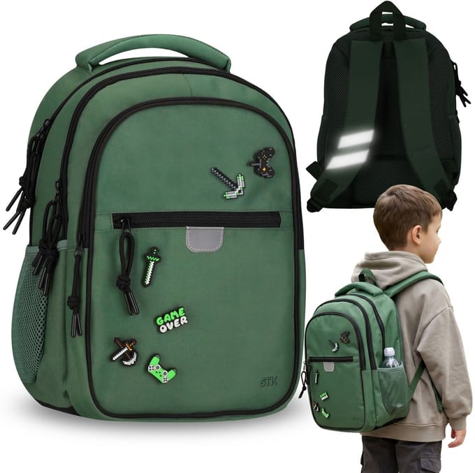Pixel Schoolrugzak met versteviging, schooltas voor jongens, met reflecterende elementen, vier vakken, 24l