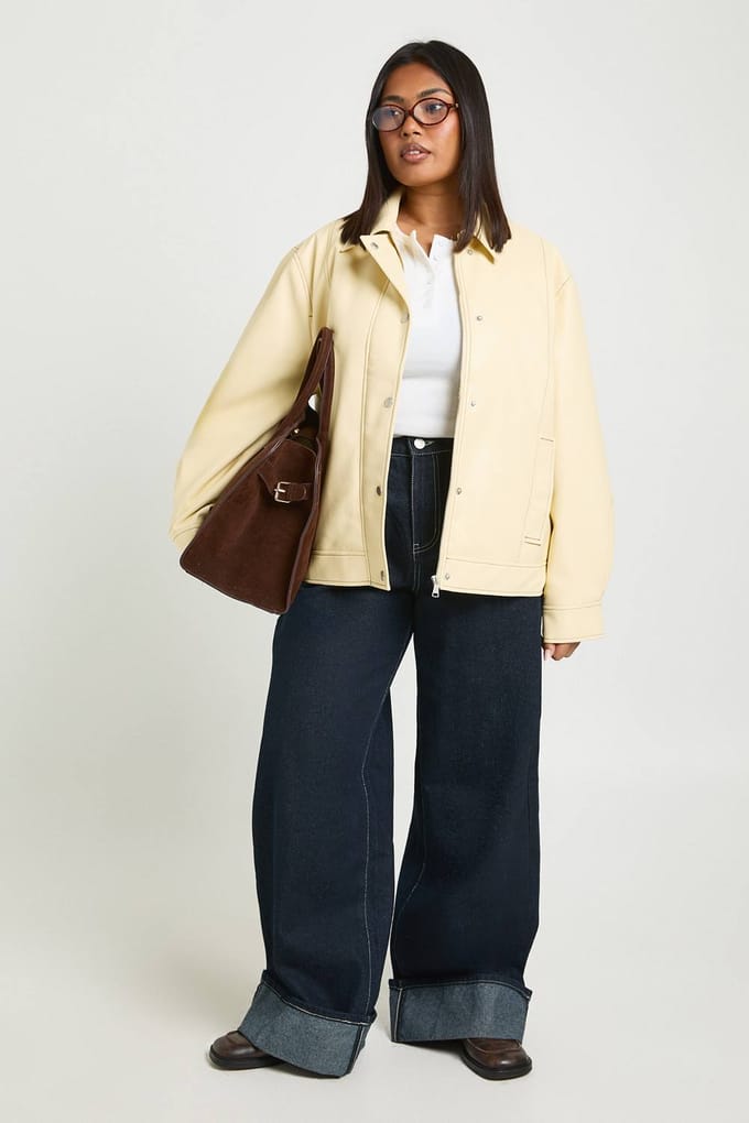 boohoo Dames Plus Kunstleren Jas met Contrasterende Stiksels | Cream | Maat: 16