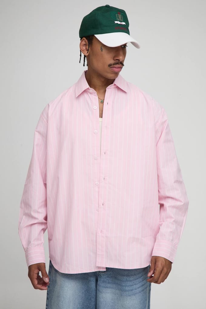 Oversized gestreept langmouw overhemd | Pink | Size Medium