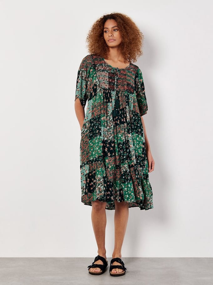 Patchwork print crinkle mini-jurk