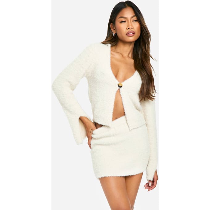 boohoo Dames Fluffy Knit Gebreide Mini Rok | Steen | Maat: Large
