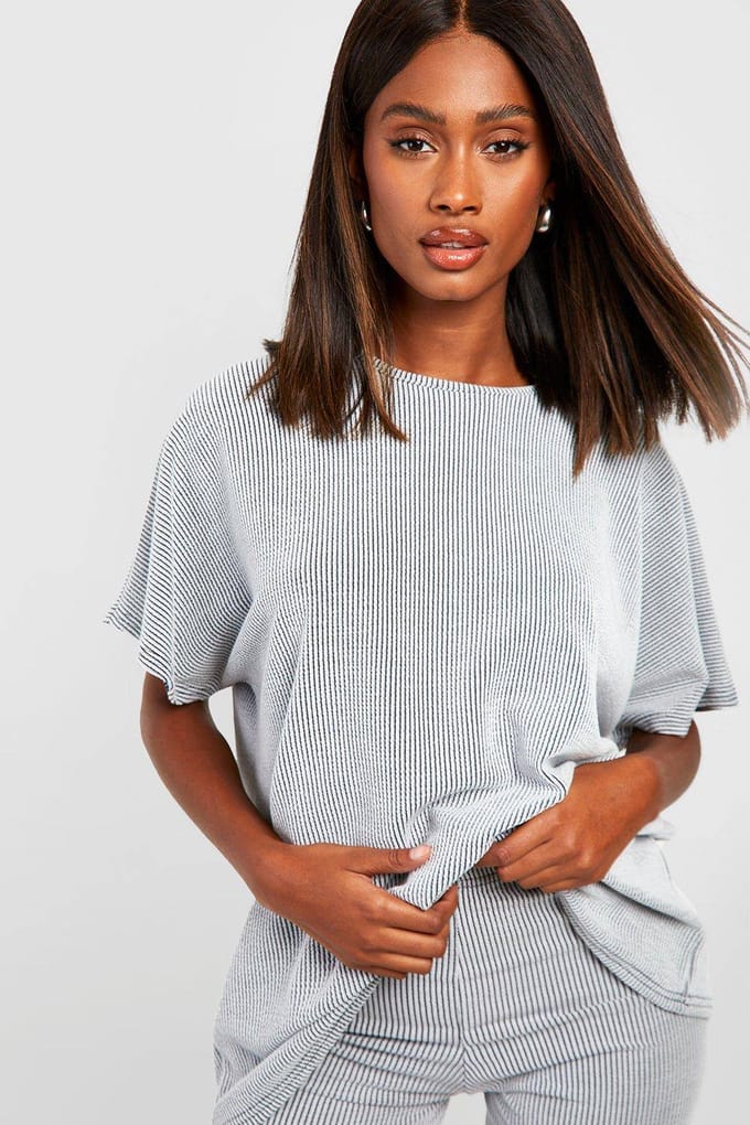 boohoo Dames 2 Tone Rib Oversized T-shirt & Cycling Short Set | Grijs | Maat: 34