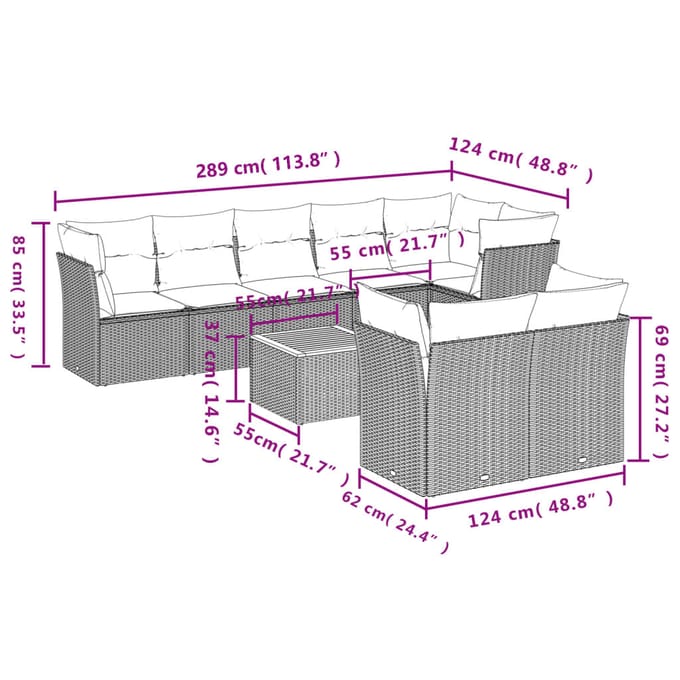 vidaXL - 9-delige - Loungeset - met - kussens - poly - rattan - grijs