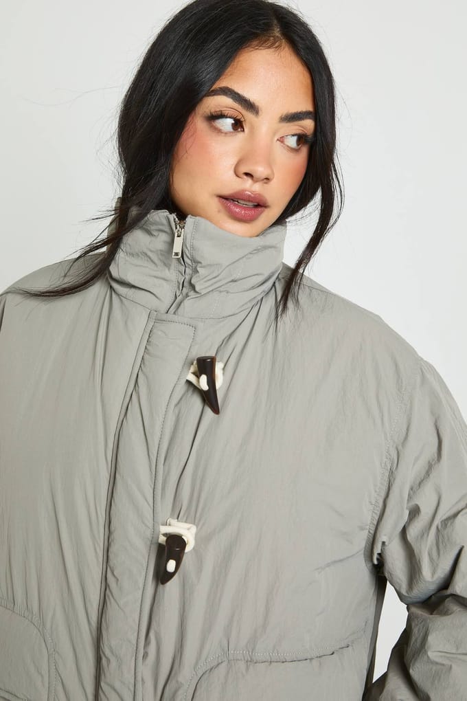boohoo Dames Maxi Puffer met toggles | Grey | Maat: 8