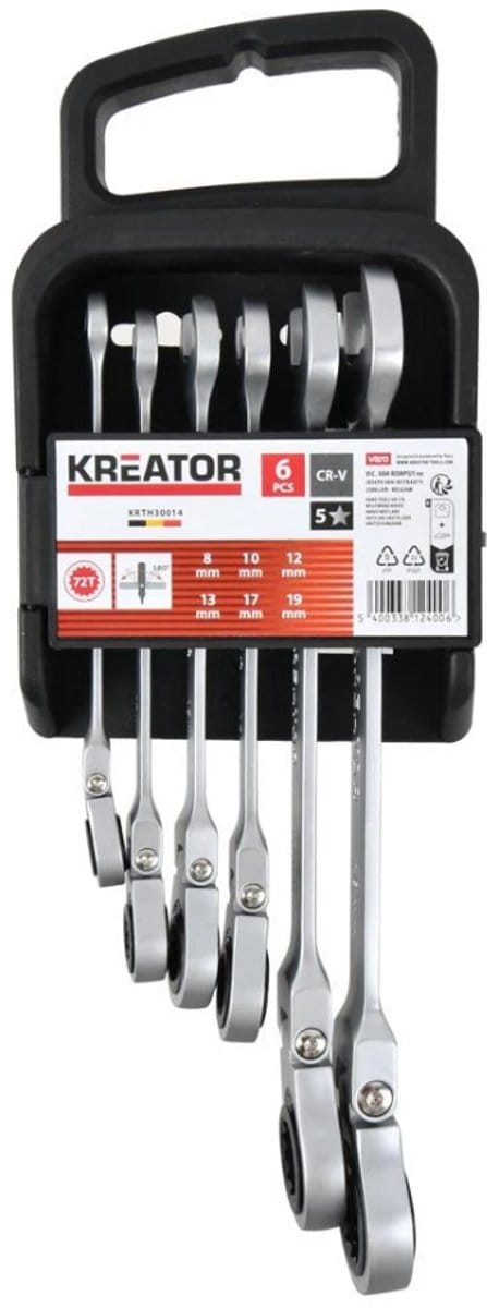 Kreator Sleutelset KRTH30014 – Flexibele Steek- en Ratelsleutels 8–19 mm – 6-delig – Gereedschap, Handgereedschap