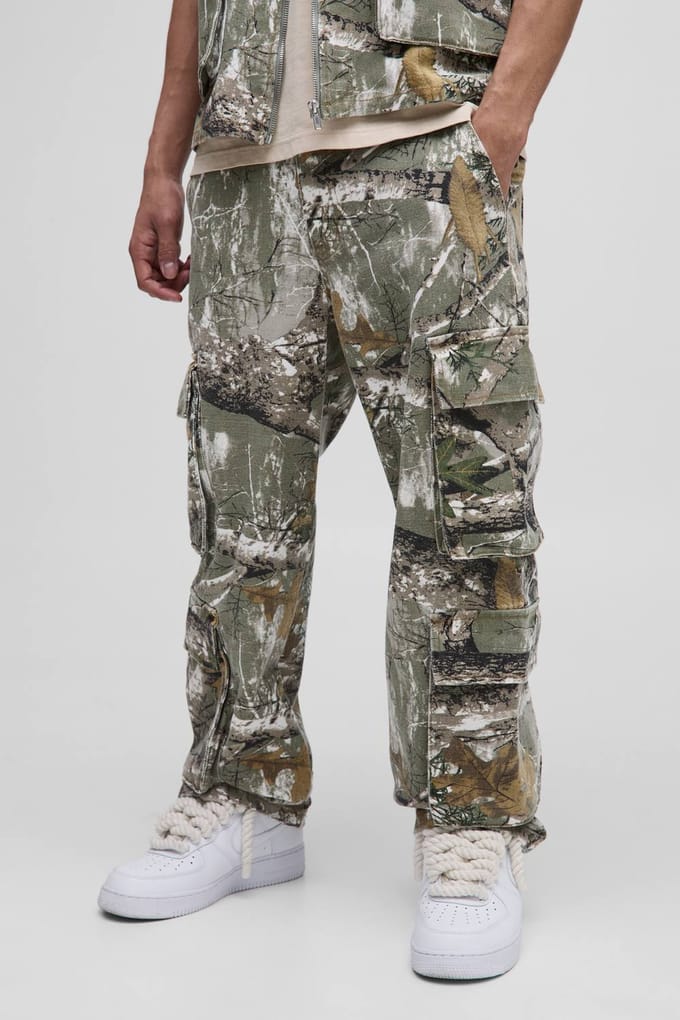 Relaxed Forest Camo Multi Pocket Cargo Trousers | Sage | Size 44