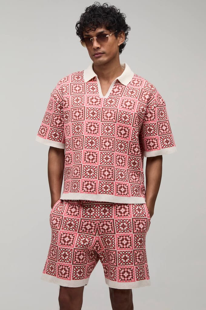 Oversized Boxy Gehaakte Vierkanten Gebreide Polo En Short Set | Pink | Size Medium