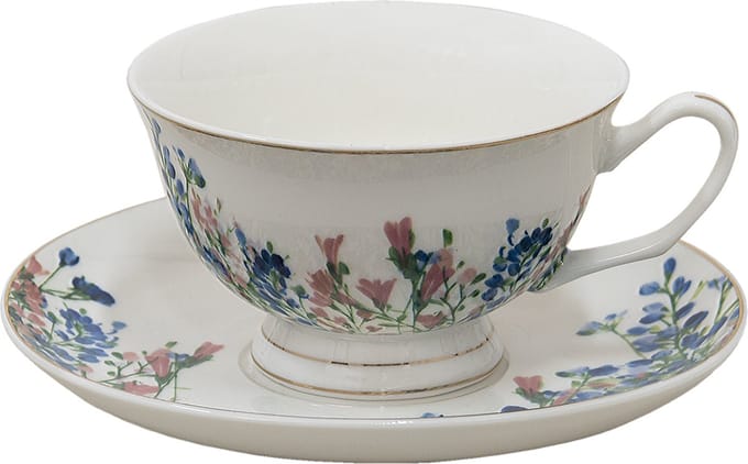 Clayre & Eef Kop en Schotel 250 ml Blauw Wit Porselein Bloemen