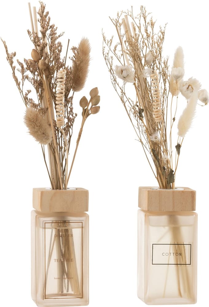 J-Line geurstokjes + bloemen - glas - naturel - 2 stuks