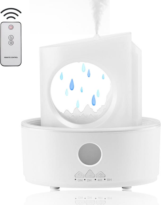 ELEVATE Aromatherapie Diffuser & Luchtbevochtiger – 3-in-1 met LED Sfeerverlichting & Regendruppel Effect – 180ml – Stil – Timer – Nachtlamp – Wit