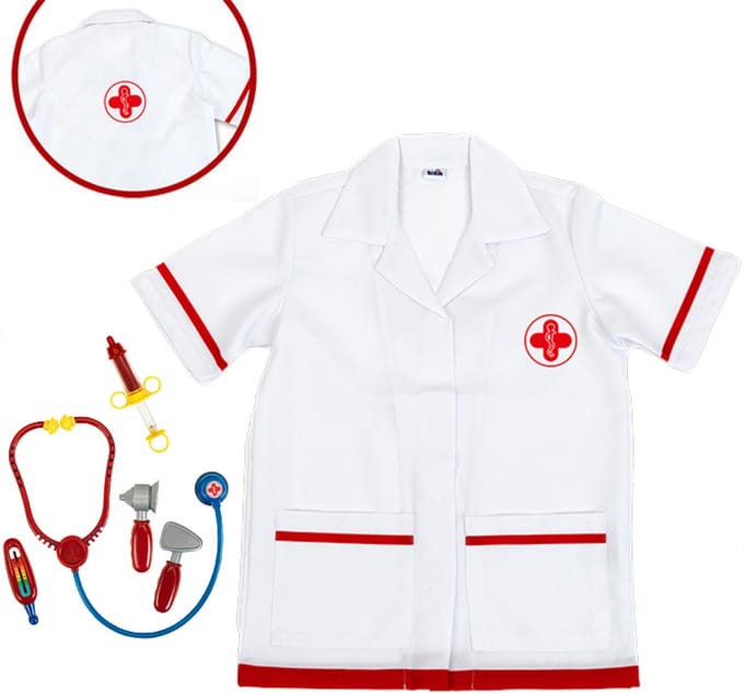 Klein toys - dokter set - met jasje en 6 accessoires - wit / rood - complete set