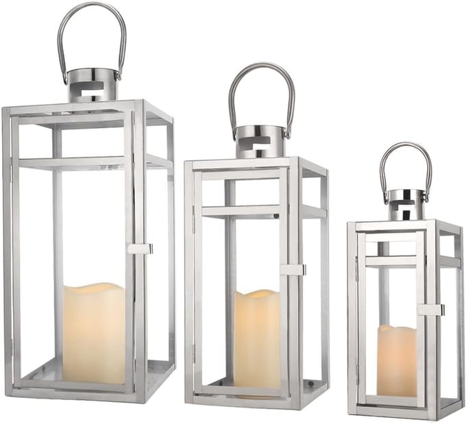 Set van 3 RVS Decoratieve Lantaarns met Glaspanelen voor Binnen en Buiten