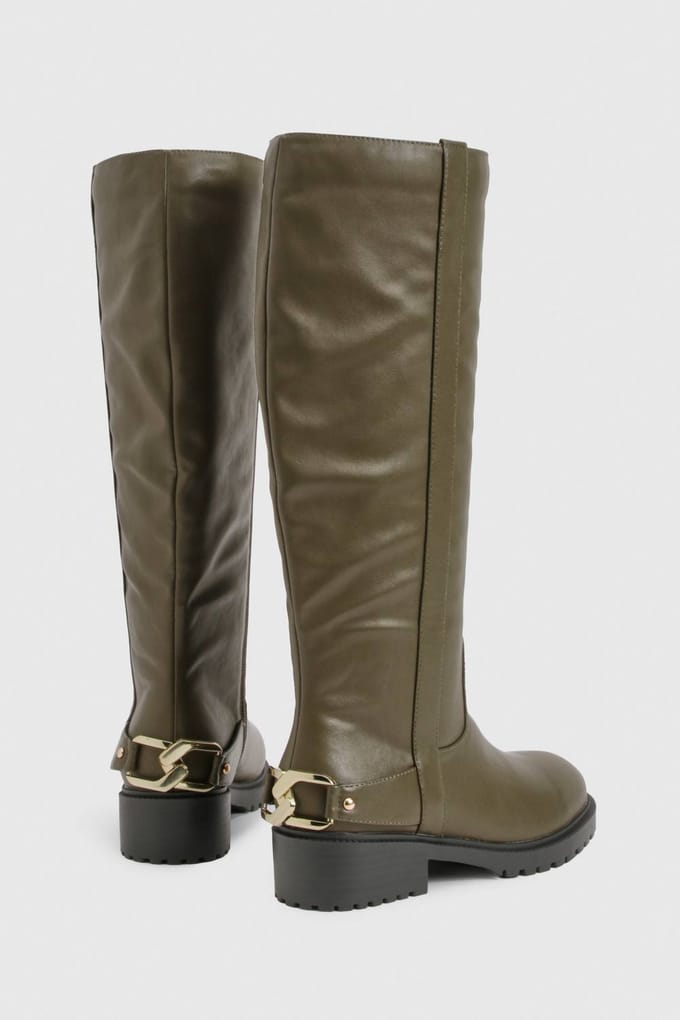 boohoo Dames Hardware Detail Kniehoge Bikerlaarzen | Olive | Maat: 4
