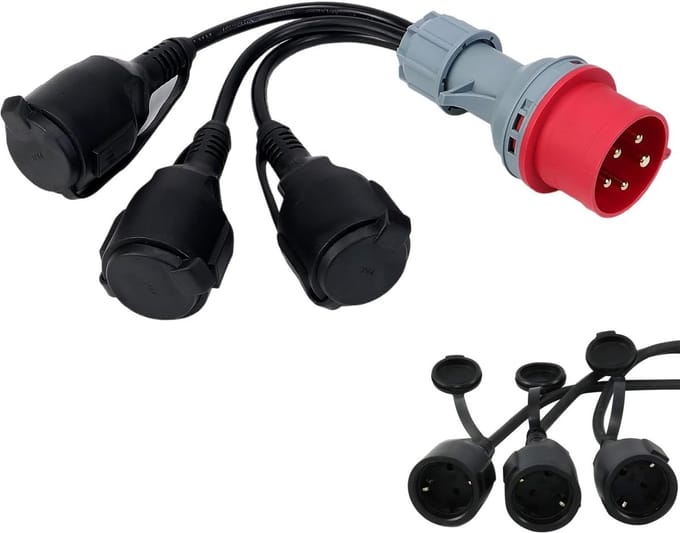 CEE adapter 16A 400V naar 3x 230V voor stroomverdeling bouwplaats en camping