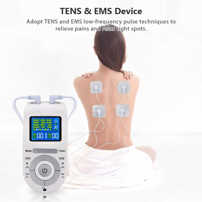 Draagbaar tweekanaals TENS&EMS-apparaat Pulsstimulator Spierstimulatoreenheid 12 massagemodi 40 wit