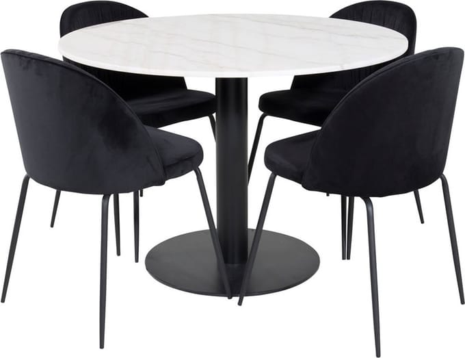 EstelleØ106WHBL eethoek eetkamertafel wit, marmer en 4 Wrinkles eetkamerstal velours zwart.