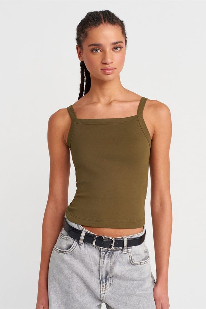 Geribbelde Katoenen Vierkante-Hals Cami Blouse