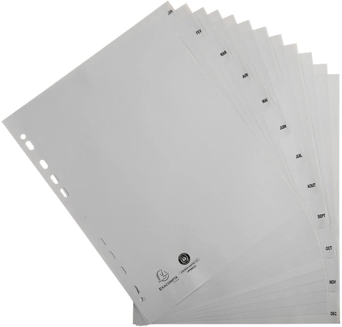 Exacompta 10x Tabbladen met bedrukte tabs in gerecycled PP - 12 tabs - januari/december - A4 maxi - Grijs - 2812E