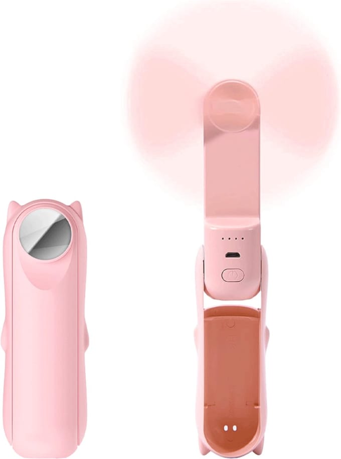 Mini ventilator - Mini hand ventilator - handventilator oplaadbaar - 3-in-1 handventilator - Met spiegel - Oplaadbaar - Roze
