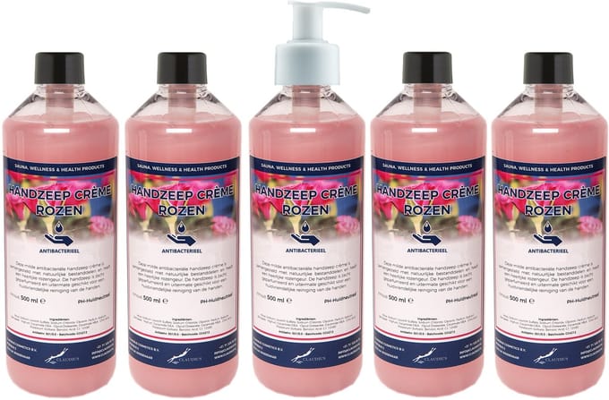 Handzeep Crème Rozen 500 ml - set van 5 stuks - met gratis pomp - Voordeelverpakking