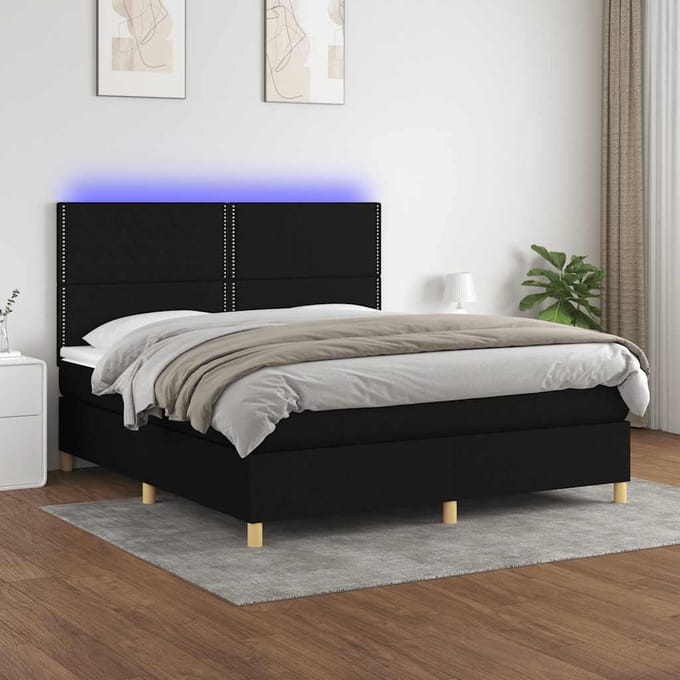 vidaXL - Boxspring - met - matras - en - LED - stof - zwart - 160x200 - cm