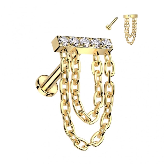 Piercing balkje gemmed met ketting hanger 1.2x8 - goud - LMPiercings
