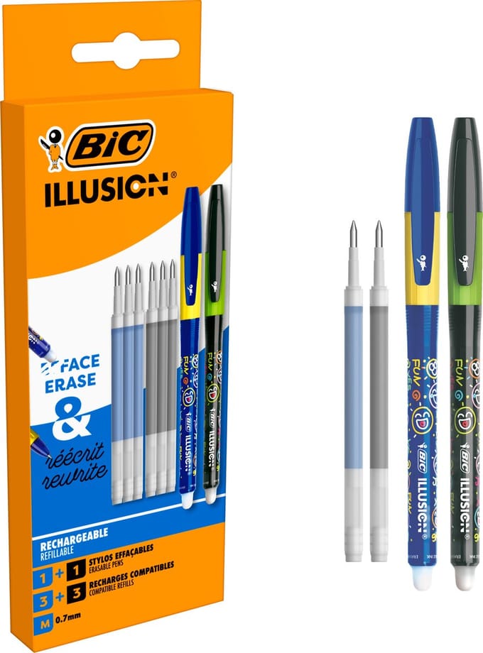 BIC Illusion Uitwisbare Balpen - Blauwe en Zwarte Pen met 6 Navullingen - Medium Punt 0,7 mm - 2 stuks