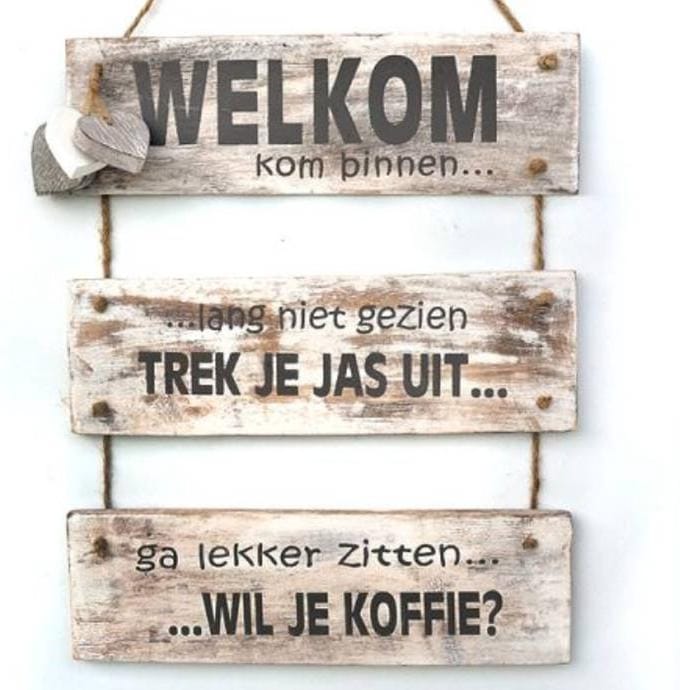 Houten Tekstplank / Tekstbord 40x30 cm "Welkom kom binnen......" - Kleur Antique White