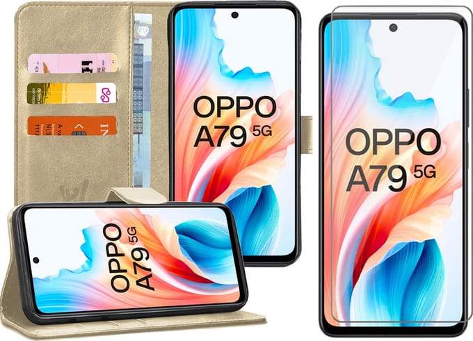 Hoesje geschikt voor Oppo A79 - Screenprotector Glas - Portemonnee Book Case Goud
