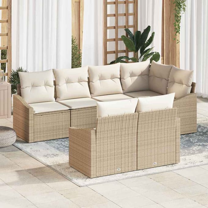 vidaXL - Tuinbank - Set - 7 - st - Beige - en - Wit - poly - rattan