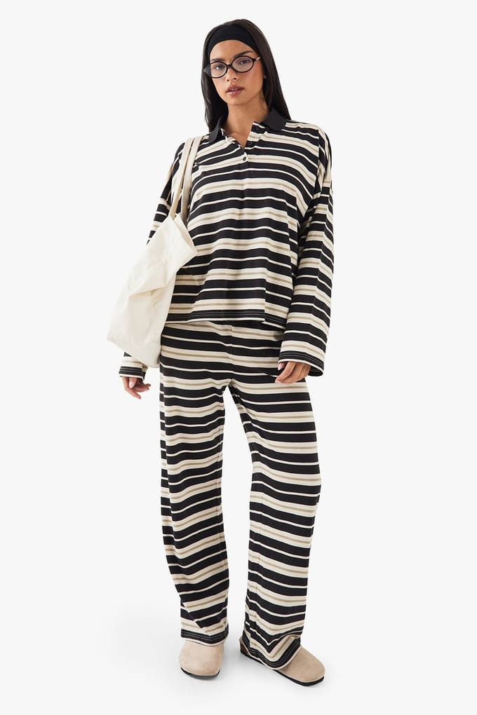 Dames DSGN Studio Gestreepte Rechte Pijp Broek | Black | Maat: Medium