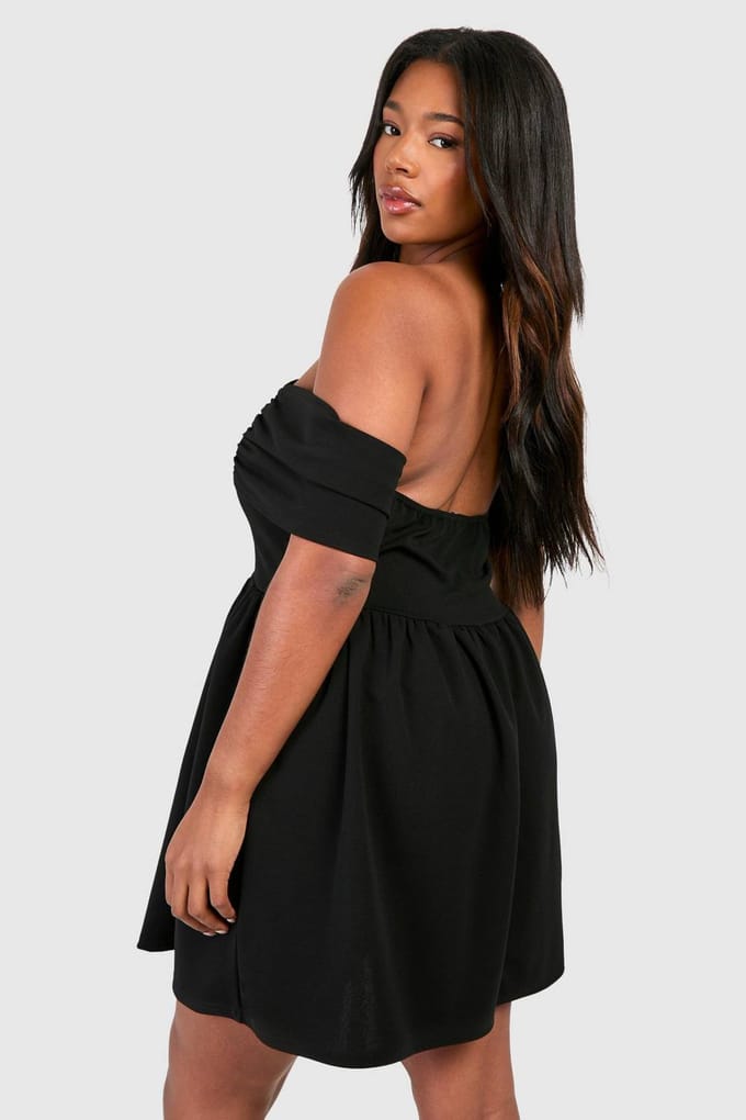 boohoo Dames Plus Bardot Drop Shoulder Skater Jurk | Zwart | Maat: 56