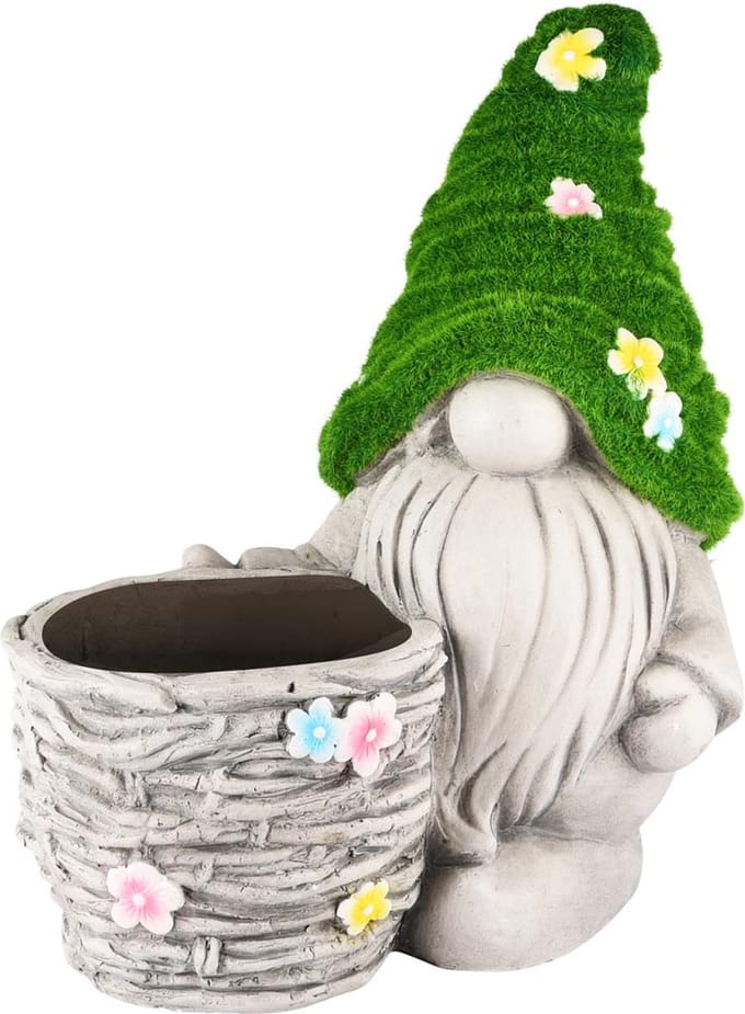 Dekoratief | Tuingnoom m/bloempot, groen/grijs, magnesium, 30x18x36cm | A250701