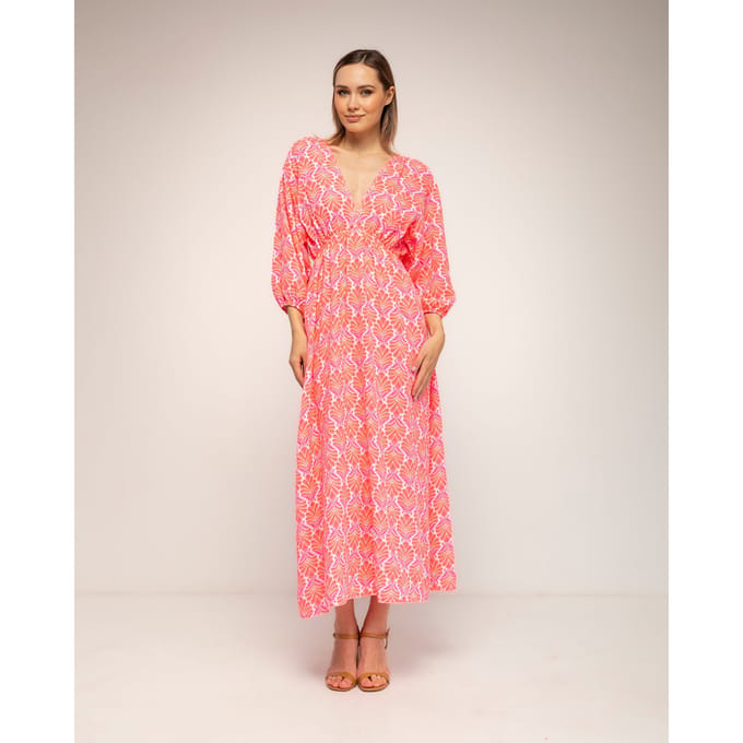Geprinte jurk met elastische taille, V-hals en V-rug en vetersluiting