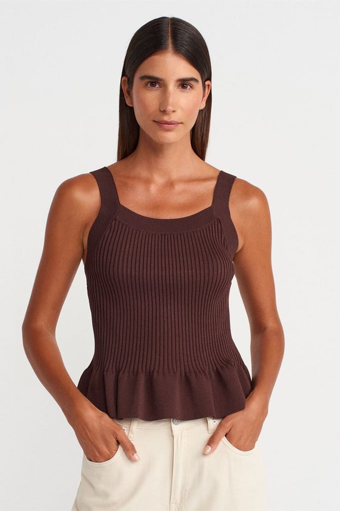 Aansluitende Geribbelde Mouwloze Blouse met Vierkante Halslijn