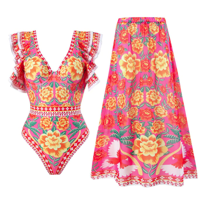 Nieuw Sexy Eendelig Badpak Dames Bedrukt Tweedelig Chiffon Rok Badpak Set M red
