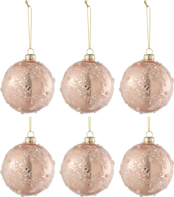 J-Line kerstbal Suiker/Zilver Glitter - glas - mat/blinkend - lichtroze - small - doos van 6