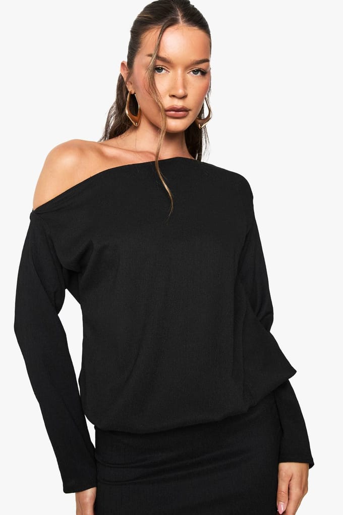 boohoo Dames Off the Shoulder Lang Mouw Bodycon Mini Jurk | Zwart | Maat: 44
