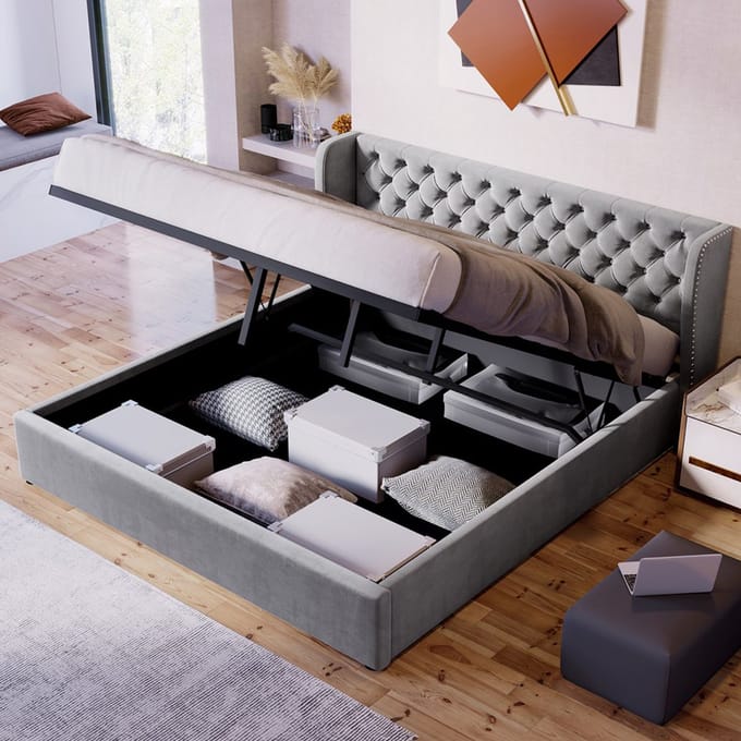 KOMHTOM Bed Volwassenenbed Tweepersoonsbed 160x200 Hydraulisch functioneel bed met lattenbodem en opbergruimte Grijs