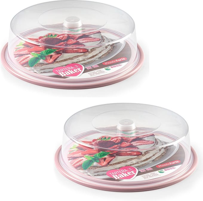 PlasticForte Taart bewaardoos - 2x - rond - gebak plateau - roze bodem - D32 x H9,5 cm