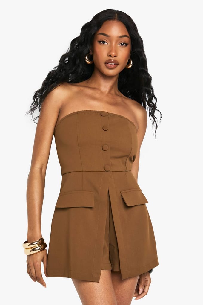 boohoo Dames Playsuit met bandeau en knoopdetail | Chocoladebruin | Maat: 42