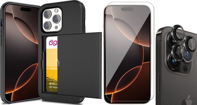 Hoesje met Pasjeshouder geschikt voor iPhone 16 Pro - Screenprotector GlassGuard & Camera Lens Screen Protector Zwart - Back Cover SlideCase Zwart