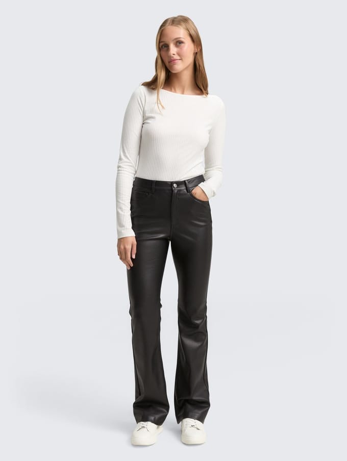 Tom Tailor Denim - Flared broek in leerlook - Maat XL - deep black