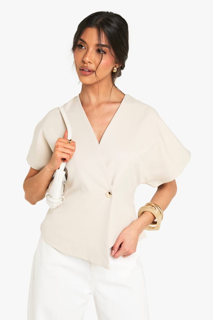 boohoo Dames Geweven Top met Knopen en Capmouwen | Steen | Maat: 36