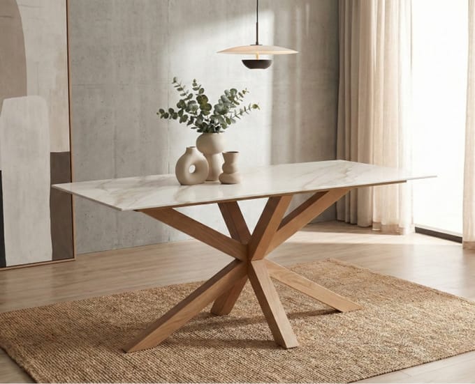 Eettafel Ravello rechthoekig keramiek 160x90x75 CM - Glossy wit - eiken spinpoot