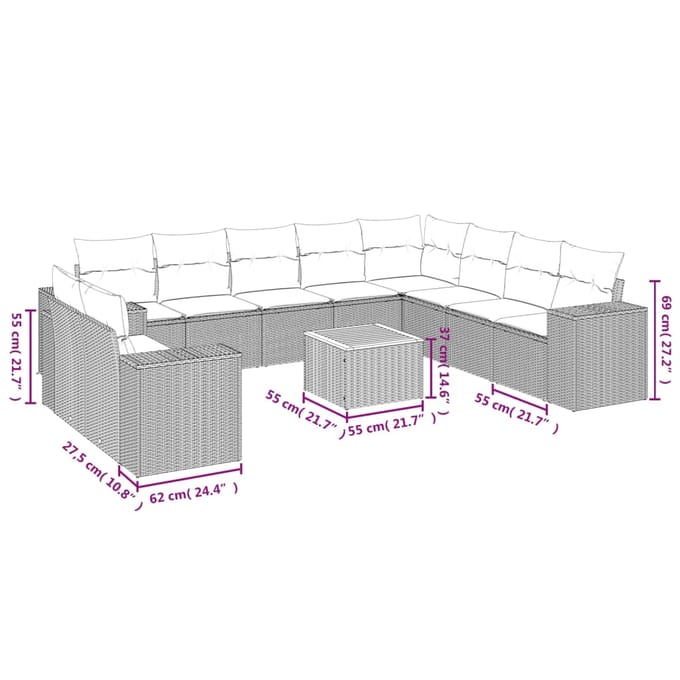 vidaXL - 11-delige - Loungeset - met - kussens - poly - rattan - grijs