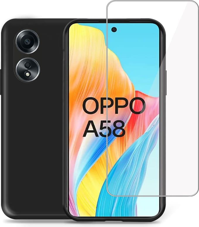 Hoesje + Screenprotector geschikt voor OPPO A58 – Tempered Glass - Liquid Back Case Cover Zwart