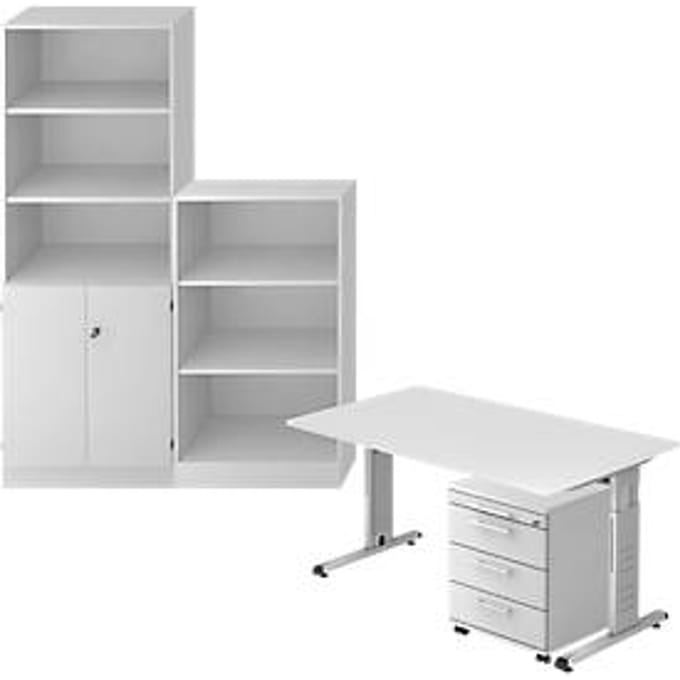 Complete set bureautafel/verrijdbaar ladeblok/kast met legborden/archiefrek ULM, lichtgrijs