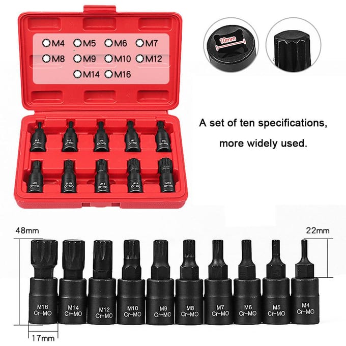 10 Stuks Universele 3/8 Vierkante Drive Socket Set M4-M16 Socket Kit Chroom-molybdeen Staal Socket zwart