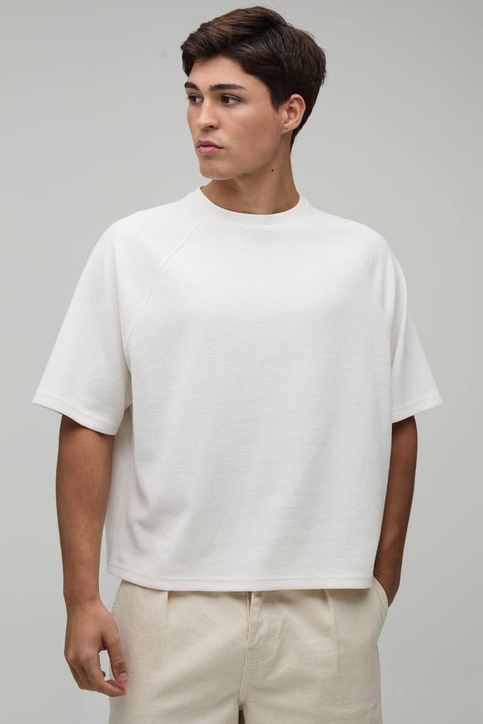 Oversized Boxy Waffle Raglan T-Shirt | Ecru | Size Small